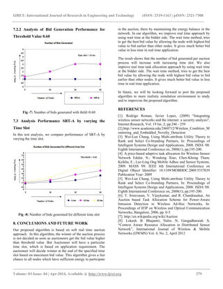 IJRET: International Journal of Research in Engineering and Technology eISSN: 2319-1163 | pISSN: 2321-7308
__________________________________________________________________________________________
Volume: 03 Issue: 04 | Apr-2014, Available @ http://www.ijret.org 279
7.2.2 Analysis of Bid Generation Performance for
Threshold Value 0.60
Fig -7: Number of bids generated with thrld=0.60
7.3 Analysis Performance SRT-A by varying the
Time Slot
In this test analysis, we compare performance of SRT-A by
varying the time slot.
Fig -8: Number of bids generated for different time slot
8. CONCLUSIONS AND FUTURE WORK
Our proposed algorithm is based on soft real time auction
approach. In this algorithm, the winner of the auction process
is not decided as soon as auctioneers get the bid value higher
than threshold value. But Auctioneer will have a particular
time slot, which is based on application requirement. The
auctioneer will decide winner at the end of the specified time
slot based on maximum bid value. This algorithm gives a fair
chance to all nodes which have sufficient energy to participate
in the auction, there by maintaining the energy balance in the
network. In our algorithm, we improve real time approach by
using wait time at the bidder side. The wait time method, tries
to get the best bid value by allowing the node with highest bid
value to bid earlier than other nodes. It gives much better bid
value in less time in real time application.
The result shows that the number of bid generated per auction
process will increase with increasing time slot. We also
improve real time task allocation approach by using wait time
at the bidder side. The wait time method, tries to get the best
bid value by allowing the node with highest bid value to bid
earlier than other nodes. It gives much better bid value in less
time in real time application.
In future, we will be looking forward to port the proposed
algorithm to more realistic simulation environment to study
and to improvise the proposed algorithm.
REFERENCES
[1]. Rodrigo Roman, Javier Lopez, (2009) "Integrating
wireless sensor networks and the internet: a security analysis",
Internet Research, Vol. 19 Iss: 2, pp.246 - 259
[2].http://www.academia.edu/2468712/Wireless_Condition_M
onitoring_and_Embedded_Novelty_Detection
[3]. Wei-Lun Chang, Using Multi-attribute Utility Theory to
Rank and Select Co-branding Partners, In: Proceedings of
Intelligent Systems Design and Applications, 2008. ISDA '08.
Eighth International Conference on, 2008(1), pp,195-200.
[4]. A price-based adaptive task allocation for Wireless Sensor
Network Edalat, N.; Wendong Xiao; Chen-Khong Tham;
Keikha, E.; Lee-Ling Ong Mobile Adhoc and Sensor Systems,
2009. MASS '09. IEEE 6th International Conference on
Digital Object Identifier: 10.1109/MOBHOC.2009.5337039
Publication Year: 2009
[5]. Wei-Lun Chang, Using Multi-attribute Utility Theory to
Rank and Select Co-branding Partners, In: Proceedings of
Intelligent Systems Design and Applications, 2008. ISDA '08.
Eighth International Conference on, 2008(1), pp,195-200.
[6]. T. Srinivasan, V. Vijaykumar, and R. Chandrasekar, An
Auction based Task Allocation Scheme for Power-Aware
Intrusion Detection in Wireless Ad-Hoc Networks, In:
Proceedings of IFIP on Wireless and Optical Communication
Networks, Bangalore, 2006, pp. 0-5
[7]. http://en.wikipedia.org/wiki/Auction
[8]. Lokesh. B. Bhajantri, Nalin. N, Gangadharaiah .S,
“Context Aware Resource Allocation in Distributed Sensor
Network”, International Journal of Wireless & Mobile
Networks (IJWMN) Vol. 4, No. 2, April 2012
 