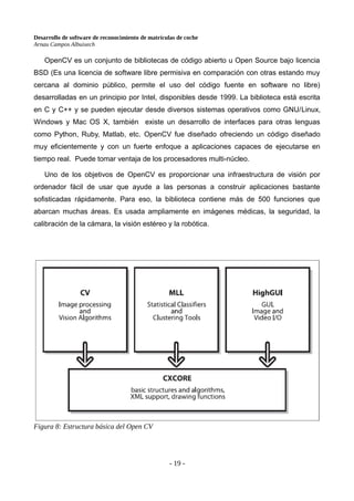 Desarrollo de software de reconocimiento de matrículas de coche
Arnau Campos Albuixech
OpenCV es un conjunto de bibliotecas de código abierto u Open Source bajo licencia
BSD (Es una licencia de software libre permisiva en comparación con otras estando muy
cercana al dominio público, permite el uso del código fuente en software no libre)
desarrolladas en un principio por Intel, disponibles desde 1999. La biblioteca está escrita
en C y C++ y se pueden ejecutar desde diversos sistemas operativos como GNU/Linux,
Windows y Mac OS X, también existe un desarrollo de interfaces para otras lenguas
como Python, Ruby, Matlab, etc. OpenCV fue diseñado ofreciendo un código diseñado
muy eficientemente y con un fuerte enfoque a aplicaciones capaces de ejecutarse en
tiempo real. Puede tomar ventaja de los procesadores multi-núcleo.
Uno de los objetivos de OpenCV es proporcionar una infraestructura de visión por
ordenador fácil de usar que ayude a las personas a construir aplicaciones bastante
sofisticadas rápidamente. Para eso, la biblioteca contiene más de 500 funciones que
abarcan muchas áreas. Es usada ampliamente en imágenes médicas, la seguridad, la
calibración de la cámara, la visión estéreo y la robótica.
- 19 -
Figura 8: Estructura básica del Open CV
 