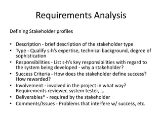 Requirements Analysis
Defining Stakeholder profiles
• Description - brief description of the stakeholder type
• Type - Qualify s-h’s expertise, technical background, degree of
sophistication
• Responsibilities - List s-h’s key responsibilities with regard to
the system being developed - why a stakeholder?
• Success Criteria - How does the stakeholder define success?
How rewarded?
• Involvement - involved in the project in what way?
Requirements reviewer, system tester, ...
• Deliverables* - required by the stakeholder
• Comments/Issues - Problems that interfere w/ success, etc.
 