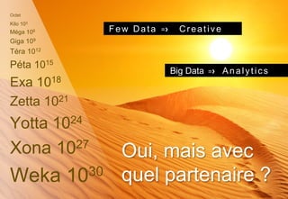 Oui, mais avec
quel partenaire ?
Octet
Kilo 103
Méga 106
Giga 109
Téra 1012
Péta 1015
Exa 1018
Zetta 1021
Yotta 1024
Xona 1027
Weka 1030
Few Data =› Creative
Big Data =› Analytics
 