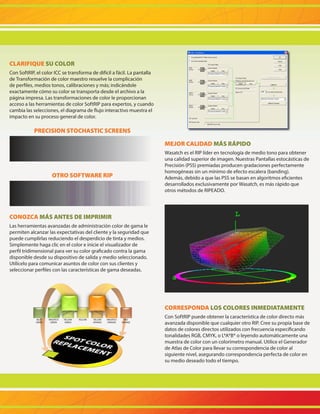 CLARIFIQUE SU COLOR
Con SoftRIP, el color ICC se transforma de difícil a fácil. La pantalla
de Transformación de color maestro resuelve la complicación
de perfiles, medios tonos, calibraciones y más; indicándole
exactamente cómo su color se transporta desde el archivo a la
página impresa. Las transformaciones de color le proporcionan
acceso a las herramientas de color SoftRIP para expertos, y cuando
cambia las selecciones, el diagrama de flujo interactivo muestra el
impacto en su proceso general de color.

PRECISION STOCHASTIC SCREENS
MEJOR CALIDAD MÁS RÁPIDO
Wasatch es el RIP líder en tecnología de medio tono para obtener
una calidad superior de imagen. Nuestras Pantallas estocásticas de
Precisión (PSS) premiadas producen gradaciones perfectamente
homogéneas sin un mínimo de efecto escalera (banding).
Además, debido a que las PSS se basan en algoritmos eficientes
desarrollados exclusivamente por Wasatch, es más rápido que
otros métodos de RIPEADO.

OTRO SOFTWARE RIP

CONOZCA MÁS ANTES DE IMPRIMIR
Las herramientas avanzadas de administración color de gama le
permiten alcanzar las expectativas del cliente y la seguridad que
puede cumplirlas reduciendo el desperdicio de tinta y medios.
Simplemente haga clic en el color e inicie el visualizador de
perfil tridimensional para ver su color graficado contra la gama
disponible desde su dispositivo de salida y medio seleccionado.
Utilícelo para comunicar asuntos de color con sus clientes y
seleccionar perfiles con las características de gama deseadas.

CORRESPONDA LOS COLORES INMEDIATAMENTE
BLUE
GREEN

WASATCH
GREEN

YELLOW
GREEN

YELLOW

YELLOW
ORANGE

WASATCH
ORANGE

RED
ORANGE

Con SoftRIP puede obtener la característica de color directo más
avanzada disponible que cualquier otro RIP. Cree su propia base de
datos de colores directos utilizados con frecuencia especificando
tonalidades RGB, CMYK, o L*A*B* o leyendo automáticamente una
muestra de color con un colorímetro manual. Utilice el Generador
de Atlas de Color para llevar su correspondencia de color al
siguiente nivel, asegurando correspondencia perfecta de color en
su medio deseado todo el tiempo.

 
