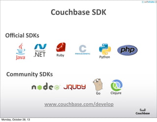 Couchbase	
  SDK
Oﬃcial	
  SDKs
Ruby

Python

Community	
  SDKs
Go

Clojure

www.couchbase.com/develop
Monday, October 28, 13

 