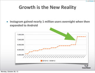 Growth	
  is	
  the	
  New	
  Reality
• Instagram	
  gained	
  nearly	
  1	
  million	
  users	
  overnight	
  when	
  then	
  
expanded	
  to	
  Android

Monday, October 28, 13

 