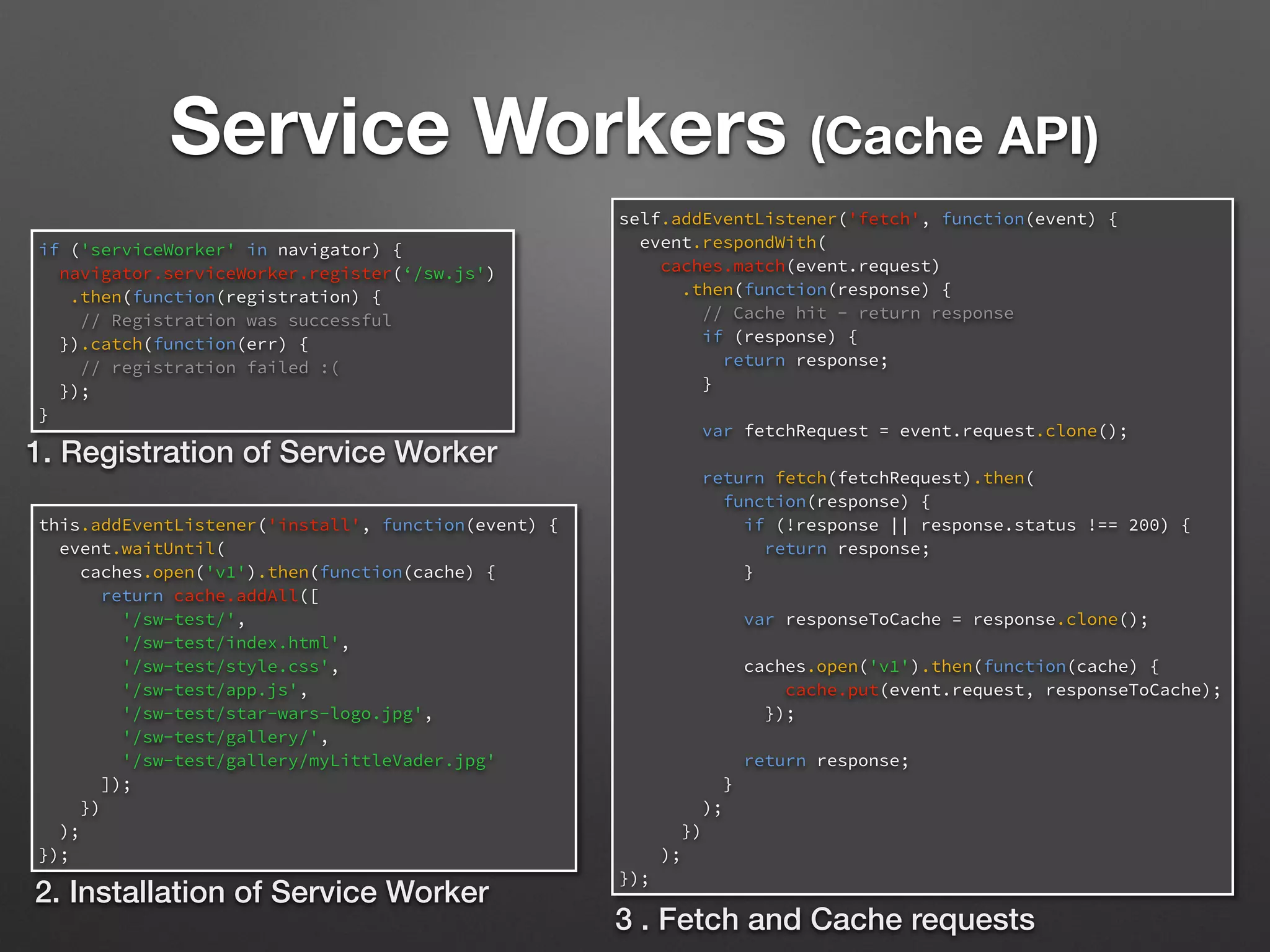 Service Workers (Cache API)
this.addEventListener('install', function(event) {
event.waitUntil(
caches.open('v1').then(function(cache) {
return cache.addAll([
'/sw-test/',
'/sw-test/index.html',
'/sw-test/style.css',
'/sw-test/app.js',
'/sw-test/star-wars-logo.jpg',
'/sw-test/gallery/',
'/sw-test/gallery/myLittleVader.jpg'
]);
})
);
});
2. Installation of Service Worker
if ('serviceWorker' in navigator) {
navigator.serviceWorker.register(‘/sw.js')
.then(function(registration) {
// Registration was successful
}).catch(function(err) {
// registration failed :(
});
}
1. Registration of Service Worker
self.addEventListener('fetch', function(event) {
event.respondWith(
caches.match(event.request)
.then(function(response) {
// Cache hit - return response
if (response) {
return response;
}
var fetchRequest = event.request.clone();
return fetch(fetchRequest).then(
function(response) {
if (!response || response.status !== 200) {
return response;
}
var responseToCache = response.clone();
caches.open('v1').then(function(cache) {
cache.put(event.request, responseToCache);
});
return response;
}
);
})
);
});
3 . Fetch and Cache requests
 