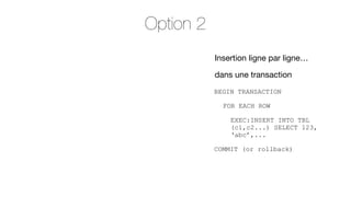 Option 2
Insertion ligne par ligne…
dans une transaction
BEGIN TRANSACTION
FOR EACH ROW
EXEC:INSERT INTO TBL
(c1,c2...) SELECT 123,
‘abc’,...
COMMIT (or rollback)

 