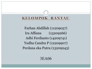 Farhan Abdillah (11209057)
 Ira Affiana    (13209266)
  Adhi Ferdianto (14209741)
 Yudha Candra P (12209907)
Perdana eka Putra (13209243)


          3EA06
 