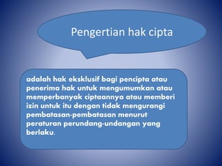 adalah hak eksklusif bagi pencipta atau
penerima hak untuk mengumumkan atau
memperbanyak ciptaannya atau memberi
izin untuk itu dengan tidak mengurangi
pembatasan-pembatasan menurut
peraturan perundang-undangan yang
berlaku.
Pengertian hak cipta
 