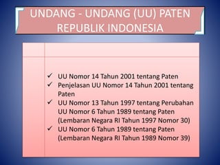 UNDANG - UNDANG (UU) PATEN
REPUBLIK INDONESIA
 UU Nomor 14 Tahun 2001 tentang Paten
 Penjelasan UU Nomor 14 Tahun 2001 tentang
Paten
 UU Nomor 13 Tahun 1997 tentang Perubahan
UU Nomor 6 Tahun 1989 tentang Paten
(Lembaran Negara RI Tahun 1997 Nomor 30)
 UU Nomor 6 Tahun 1989 tentang Paten
(Lembaran Negara RI Tahun 1989 Nomor 39)
 