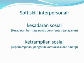 Soft skill interpersonal:
kesadaran sosial
(kesadaran bermasyarakat.berorientasi pelayanan)
ketrampilan sosial
(kepemimpinan, pengaruh,komunikasi dan sinergi)
 