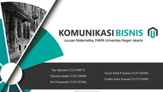 Jurusan Matematika, FMIPA Universitas Negeri Jakarta
Nur Sakinah (3125150877)
Theresia Indah (3125130809)
Sri Chumairoh (3125150786)
Nurul Afiah Fitriatna (3125150208)
Fradha Intan Arassah (3125151689)
 