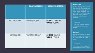 QUOTED SPEECH

(NO BACKSHIFT)

“I WRITE POEMS.”

REPORTED SPEECH

HE SAYS THAT THE
WRITES POEMS.

No backshift
Do not change the tense if
the introductory clause is in
a present tense (e. g. He
says). Note, however, that
you might have to change
the form of the present
tense verb (3rd person
singular).
Example:
He says, “I write poems.”
– He says that he writes
English.
Backshift

(BACKSHIFT)

“I WRITE POEMS.”

HE SAID THAT HE
WROTE POEMS.

You must change the tense
if the introductory clause is
in a past tense (e. g. He
said).
Example:
He said, “I am happy.” –
He said that he was happy.

 