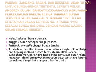    Melati sebagai bunga bangsa.
   Anggrek bulan sebagai bunga pesona.
   Raffiesia arnoldi sebagai bunga langka.
   Tumbuhan memiliki kemampuan untuk menghasilkan oksigen
    dan tepung melalui proses fotosintesis. Oleh karena itu,
    tumbuhan merupakan produsen atau penyusun dasar rantai
    makanan, demi pengawetan maupun pelestariannya karena
    banyaknya fungsi hutan seperti berikut ini :
 