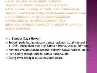    v Sumber Daya Hewan
   Seperti pada ketiga macam bunga nasional, sejak tanggal 9-
    1-1995, ditetapkan pula tiga satwa nasional sebagai berikut :
   Komodo (Varanus komodoensis) sebagai satwa nasional darat.
   Ikan Solera merah sebagai satwa nasional air.
   Elang jawa sebagai satwa nasional udara.
 