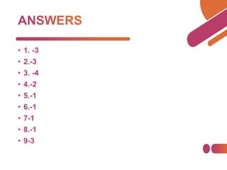 • 1. -3
• 2.-3
• 3. -4
• 4.-2
• 5.-1
• 6.-1
• 7-1
• 8.-1
• 9-3
 
