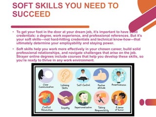 • To get your foot in the door at your dream job, it’s important to have solid
credentials: a degree, work experience, and professional references. But it’s
your soft skills—not hard-hitting credentials and technical know-how—that
ultimately determine your employability and staying power.
• Soft skills help you work more effectively in your chosen career, build solid
professional relationships, and navigate challenges that arise on the job.
Strayer online degrees include courses that help you develop these skills, so
you’re ready to thrive in any work environment.
 