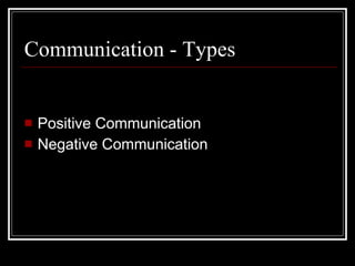 Communication - Types <ul><li>Positive Communication </li></ul><ul><li>Negative Communication </li></ul>