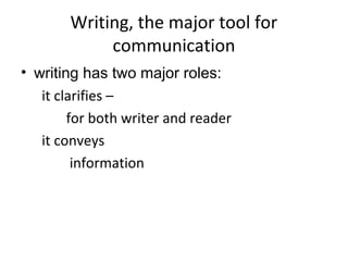 Writing, the major tool for
            communication
• writing has two major roles:
   it clarifies –
        for both writer and reader
   it conveys
         information
 