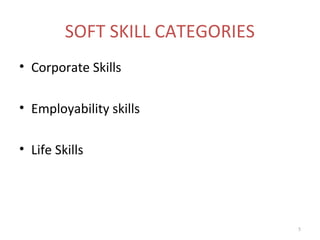 SOFT SKILL CATEGORIES
• Corporate Skills

• Employability skills

• Life Skills




                                 5
 