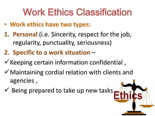 Work Ethics Classification
• Work ethics have two types:
1. Personal (i.e. Sincerity, respect for the job,
regularity, punctuality, seriousness)
2. Specific to a work situation –
Keeping certain information confidential ,
Maintaining cordial relation with clients and
agencies ,
 Being prepared to take up new tasks
 