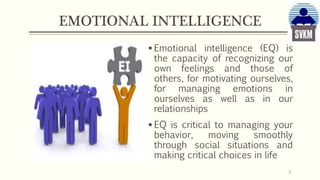 EMOTIONAL INTELLIGENCE
 Emotional intelligence (EQ) is
the capacity of recognizing our
own feelings and those of
others, for motivating ourselves,
for managing emotions in
ourselves as well as in our
relationships
 EQ is critical to managing your
behavior, moving smoothly
through social situations and
making critical choices in life
8
 