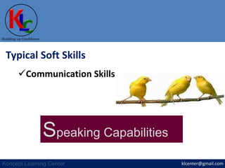klcenter@gmail.com
Building up Confidence
Koncept Learning Center
Typical Soft Skills
Communication Skills
Speaking Capabilities
 