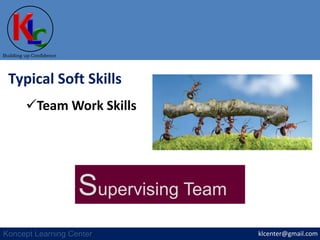 klcenter@gmail.com
Building up Confidence
Koncept Learning Center
Typical Soft Skills
Team Work Skills
Supervising Team
 
