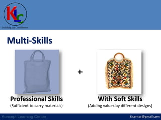 klcenter@gmail.com
Building up Confidence
Koncept Learning Center
Multi-Skills
+
Professional Skills
(Sufficient to carry materials)
With Soft Skills
(Adding values by different designs)
 