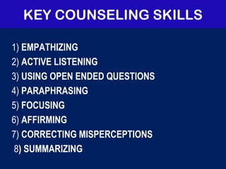KEY COUNSELING SKILLS
1) EMPATHIZING
2) ACTIVE LISTENING
3) USING OPEN ENDED QUESTIONS
4) PARAPHRASING
5) FOCUSING
6) AFFIRMING
7) CORRECTING MISPERCEPTIONS
8) SUMMARIZING
 