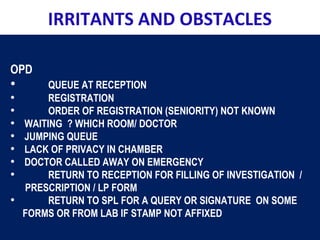 OPD
• QUEUE AT RECEPTION
• REGISTRATION
• ORDER OF REGISTRATION (SENIORITY) NOT KNOWN
• WAITING ? WHICH ROOM/ DOCTOR
• JUMPING QUEUE
• LACK OF PRIVACY IN CHAMBER
• DOCTOR CALLED AWAY ON EMERGENCY
• RETURN TO RECEPTION FOR FILLING OF INVESTIGATION /
PRESCRIPTION / LP FORM
• RETURN TO SPL FOR A QUERY OR SIGNATURE ON SOME
FORMS OR FROM LAB IF STAMP NOT AFFIXED
IRRITANTS AND OBSTACLES
 