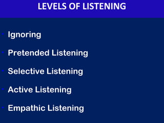 • Ignoring
• Pretended Listening
• Selective Listening
• Active Listening
• Empathic Listening
LEVELS OF LISTENING
 