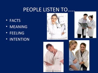 PEOPLE LISTEN TO…..
• FACTS
• MEANING
• FEELING
• INTENTION
 