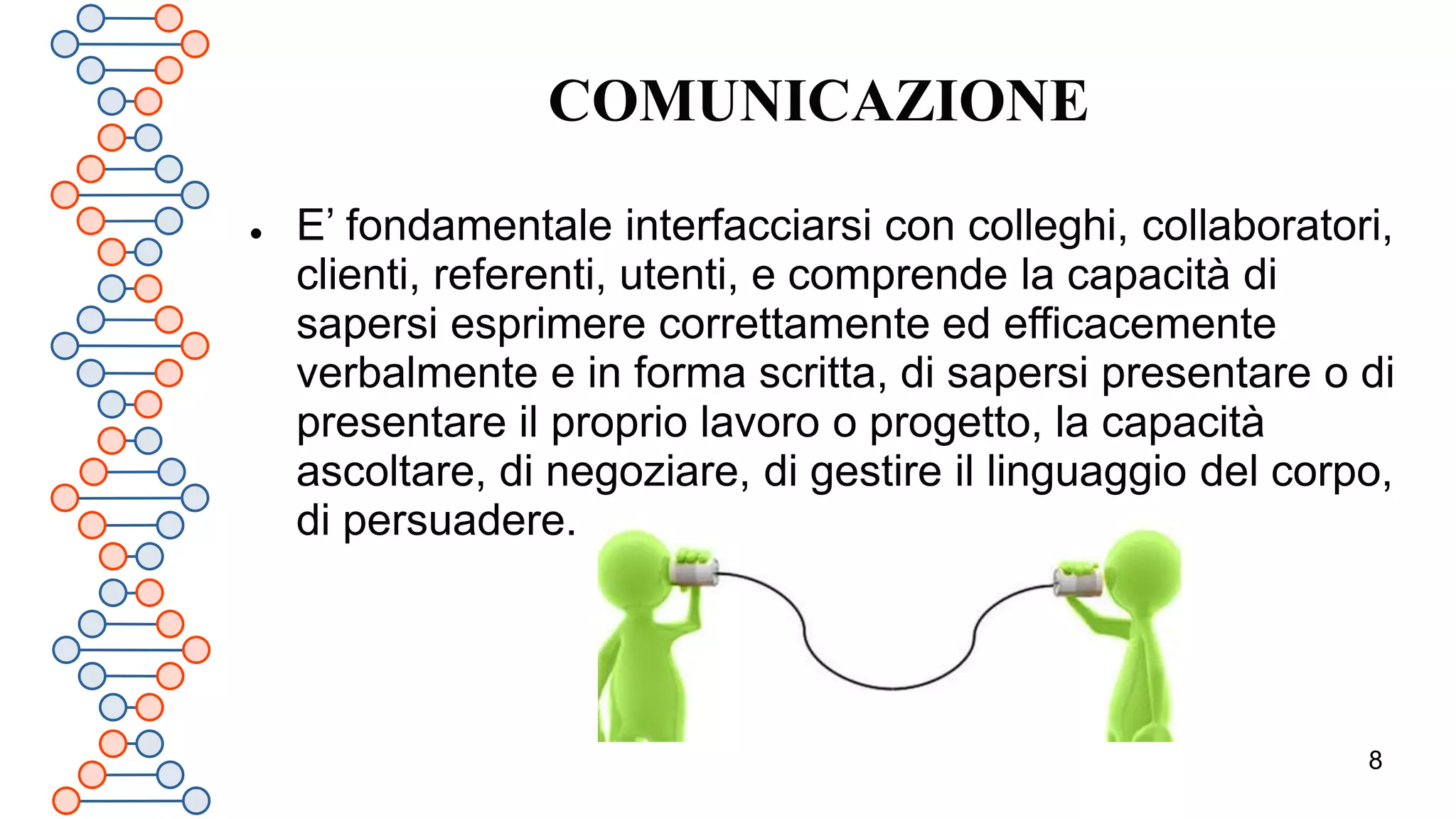 8
COMUNICAZIONE
 E’ fondamentale interfacciarsi con colleghi, collaboratori,
clienti, referenti, utenti, e comprende la capacità di
sapersi esprimere correttamente ed efficacemente
verbalmente e in forma scritta, di sapersi presentare o di
presentare il proprio lavoro o progetto, la capacità
ascoltare, di negoziare, di gestire il linguaggio del corpo,
di persuadere.
 