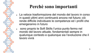5
Perchè sono importanti
 La veloce trasformazione del mondo del lavoro in corso
in questi ultimi anni continuerà ancora nel futuro; ciò
rende difficile individuare le competenze ed i profili che
emergeranno in futuro
 sono proprio le Soft Skills l’unico punto fermo nel
mondo del lavoro attuale, fondamentali sempre in
qualunque contesto e qualunque sia l’evoluzione che il
lavoro vivrà
 