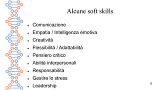 6
Alcune soft skills
 Comunicazione
 Empatia / Intelligenza emotiva
 Creatività
 Flessibilità / Adattabilità
 Pensiero critico
 Abilità interpersonali
 Responsabilità
 Gestire lo stress
 Leadership
 