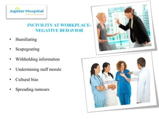 INCIVILITY AT WORKPLACE-
NEGATIVE BEHAVIOR
• Humiliating
• Scapegoating
• Withholding information
• Undermining staff mora...