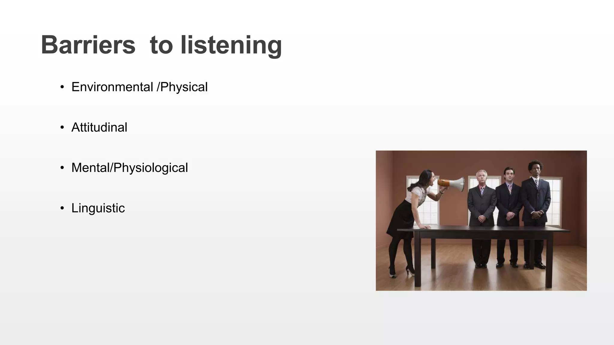 • Environmental /Physical
• Attitudinal
• Mental/Physiological
• Linguistic
Barriers to listening
 