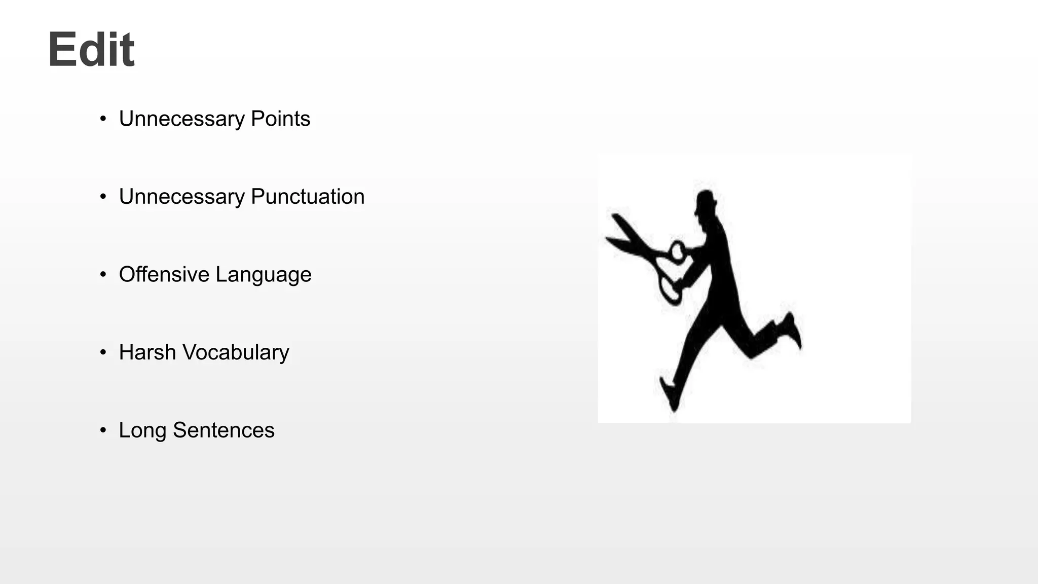 Edit
• Unnecessary Points
• Unnecessary Punctuation
• Offensive Language
• Harsh Vocabulary
• Long Sentences
 