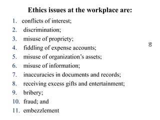 Ethics issues at the workplace are:
1. conflicts of interest;
2. discrimination;
3. misuse of propriety;
4. fiddling of ex...