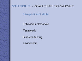 SOFT SKILLS - COMPETENZE TRASVERSALI
Esempi di soft skills:
Efficacia relazionale
Teamwork
Problem solving
Leadership
 