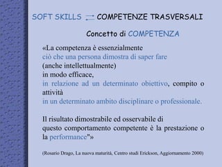 Concetto di COMPETENZA
SOFT SKILLS COMPETENZE TRASVERSALI
«La competenza è essenzialmente
ciò che una persona dimostra di saper fare
(anche intellettualmente)
in modo efficace,
in relazione ad un determinato obiettivo, compito o
attività
in un determinato ambito disciplinare o professionale.
Il risultato dimostrabile ed osservabile di
questo comportamento competente è la prestazione o
la performance"»
(Rosario Drago, La nuova maturità, Centro studi Erickson, Aggiornamento 2000)
 