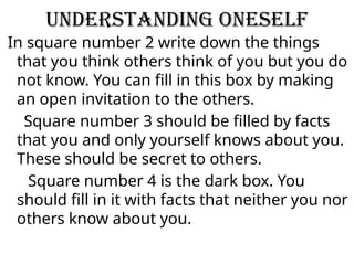 Understanding Oneself
In square number 2 write down the things
that you think others think of you but you do
not know. You can fill in this box by making
an open invitation to the others.
Square number 3 should be filled by facts
that you and only yourself knows about you.
These should be secret to others.
Square number 4 is the dark box. You
should fill in it with facts that neither you nor
others know about you.
 