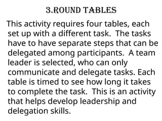 3.Round Tables
This activity requires four tables, each
set up with a different task. The tasks
have to have separate steps that can be
delegated among participants. A team
leader is selected, who can only
communicate and delegate tasks. Each
table is timed to see how long it takes
to complete the task. This is an activity
that helps develop leadership and
delegation skills.
 