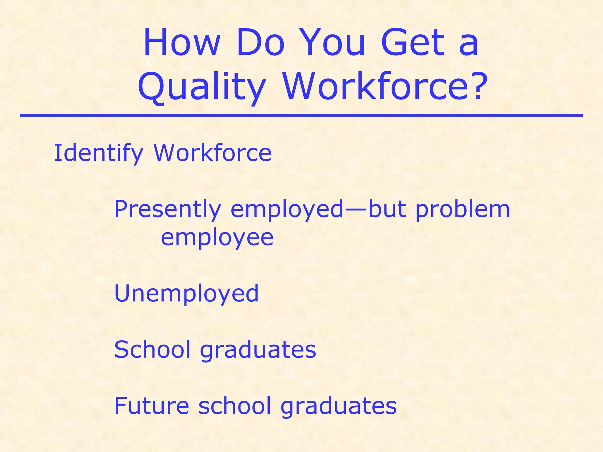 How Do You Get a
Quality Workforce?
Identify Workforce
Presently employed—but problem
employee
Unemployed
School graduates
Future school graduates
 