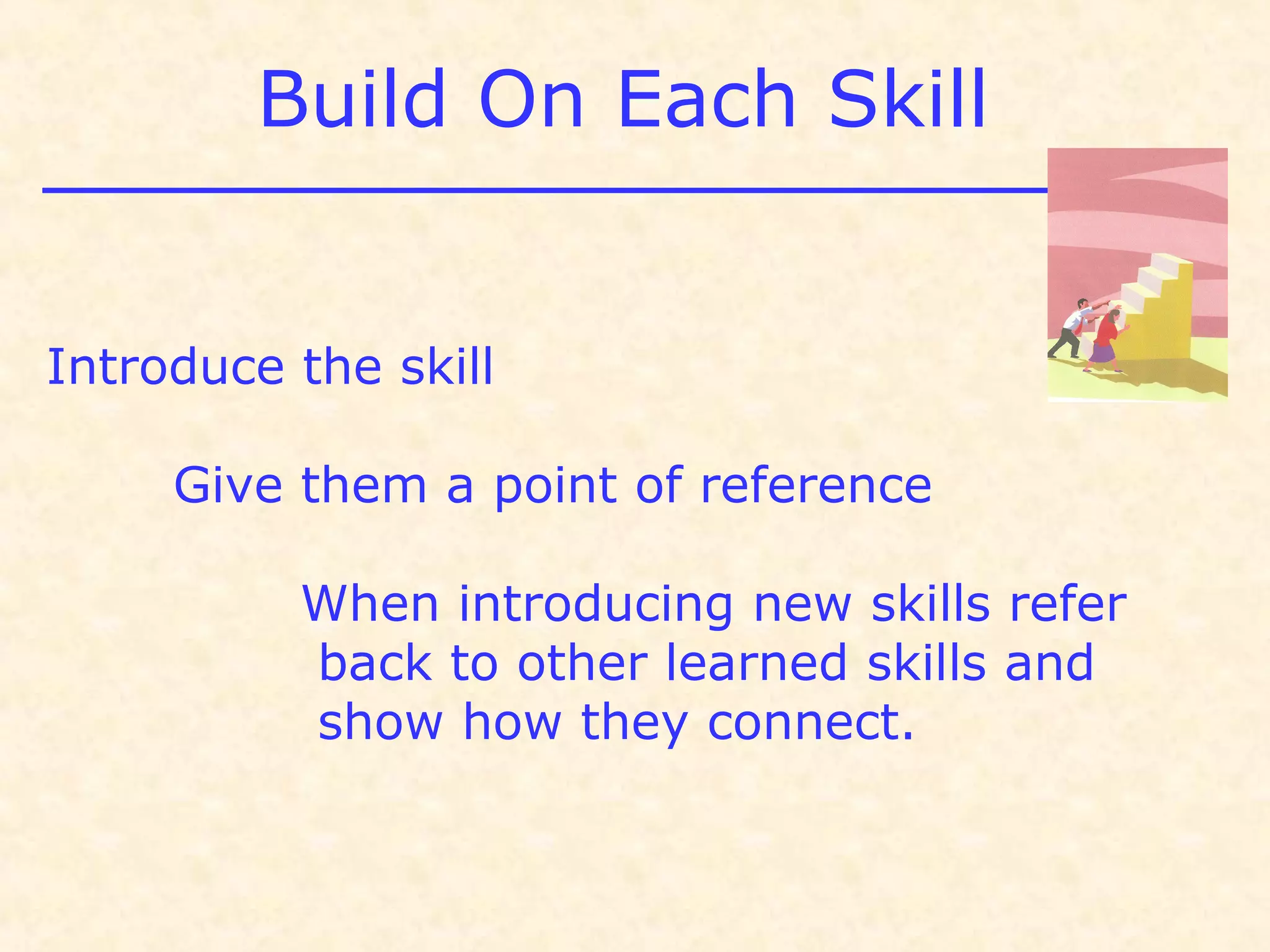 Build On Each Skill
Introduce the skill
Give them a point of reference
When introducing new skills refer
back to other learned skills and
show how they connect.
 
