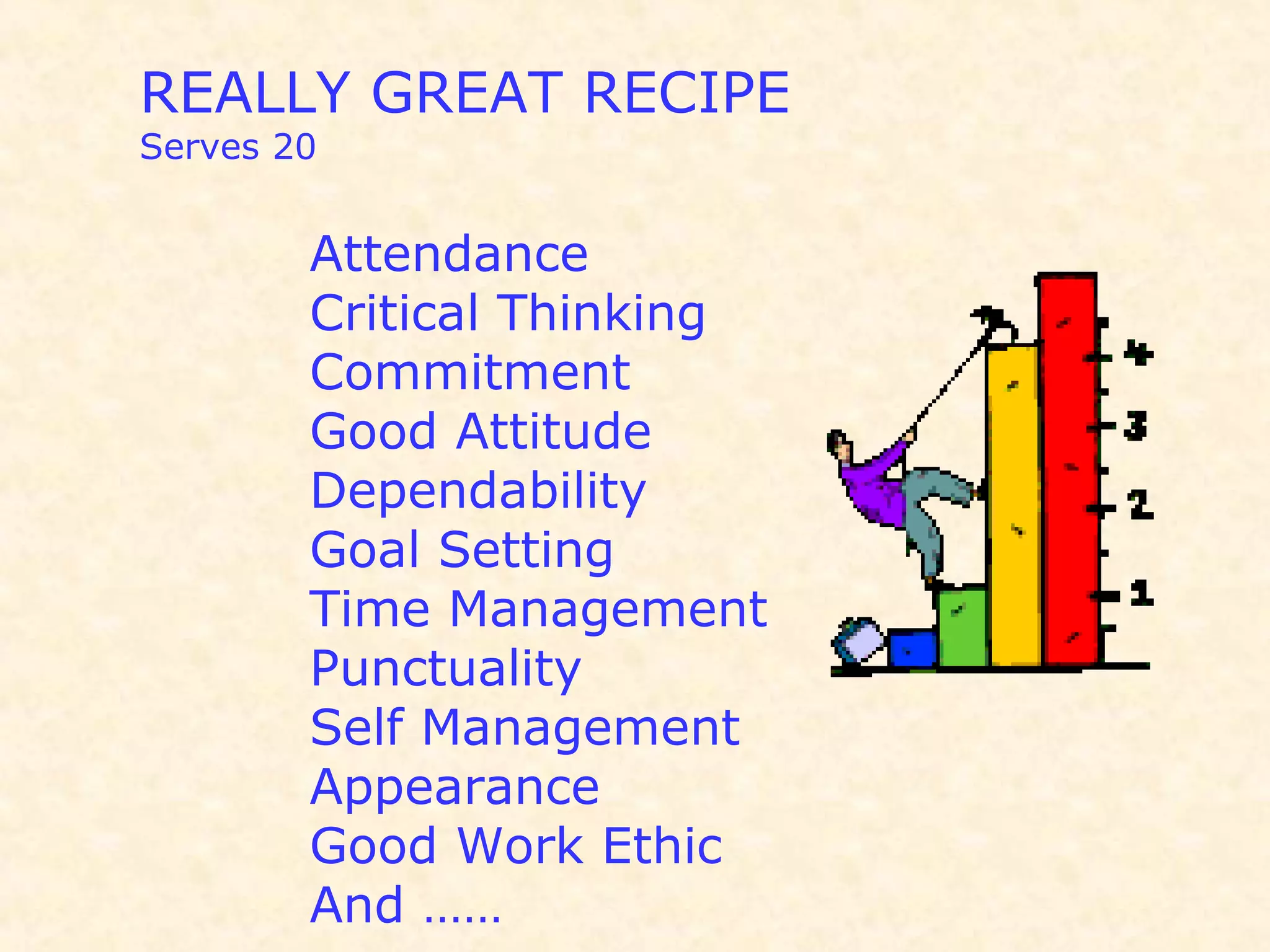 REALLY GREAT RECIPE
Serves 20
Attendance
Critical Thinking
Commitment
Good Attitude
Dependability
Goal Setting
Time Management
Punctuality
Self Management
Appearance
Good Work Ethic
And ……
 