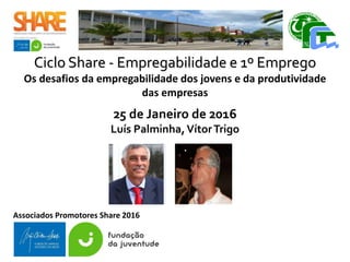 Ciclo Share - Empregabilidade e 1º Emprego
Os desafios da empregabilidade dos jovens e da produtividade
das empresas
25 de Janeiro de 2016
Luís Palminha,VítorTrigo
Associados Promotores Share 2016
 