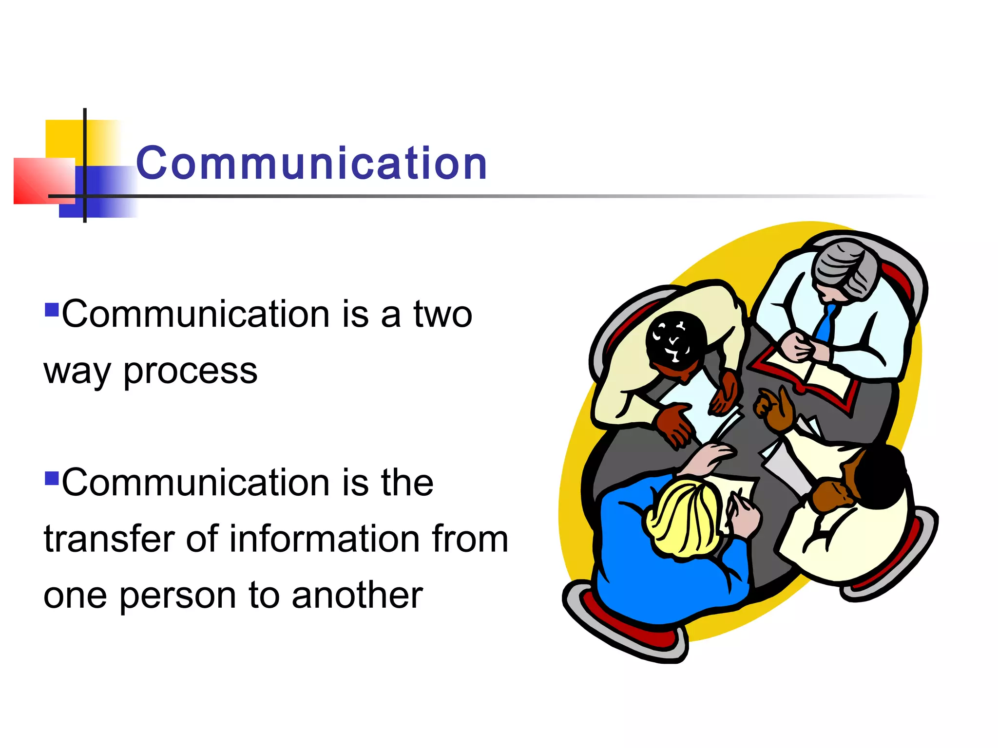 Communication
Communication is a two
way process
Communication is the
transfer of information from
one person to another
 