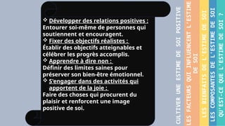 QU'EST-CE
QUE
L'ESTIME
DE
SOI
?
LES
COMPOSANTES
DE
L'ESTIME
DE
SOI
LES
BIENFAITS
DE
L'ESTIME
DE
SOI
LES
FACTEURS
QUI
INFLUENCENT
L'ESTIME
DE
SOI
CULTIVER
UNE
ESTIME
DE
SOI
POSITIVE
 Développer des relations positives :
Entourer soi-même de personnes qui
soutiennent et encouragent.
 Fixer des objectifs réalistes :
Établir des objectifs atteignables et
célébrer les progrès accomplis.
 Apprendre à dire non :
Définir des limites saines pour
préserver son bien-être émotionnel.
 S'engager dans des activités qui
apportent de la joie :
Faire des choses qui procurent du
plaisir et renforcent une image
positive de soi.
 