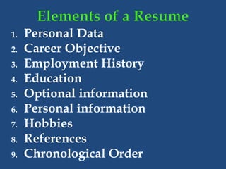 1. Personal Data
2. Career Objective
3. Employment History
4. Education
5. Optional information
6. Personal information
7. Hobbies
8. References
9. Chronological Order
 