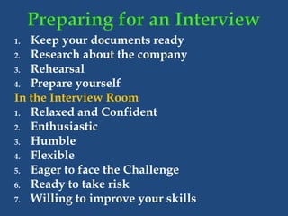 1. Keep your documents ready
2. Research about the company
3. Rehearsal
4. Prepare yourself
In the Interview Room
1. Relaxed and Confident
2. Enthusiastic
3. Humble
4. Flexible
5. Eager to face the Challenge
6. Ready to take risk
7. Willing to improve your skills
 